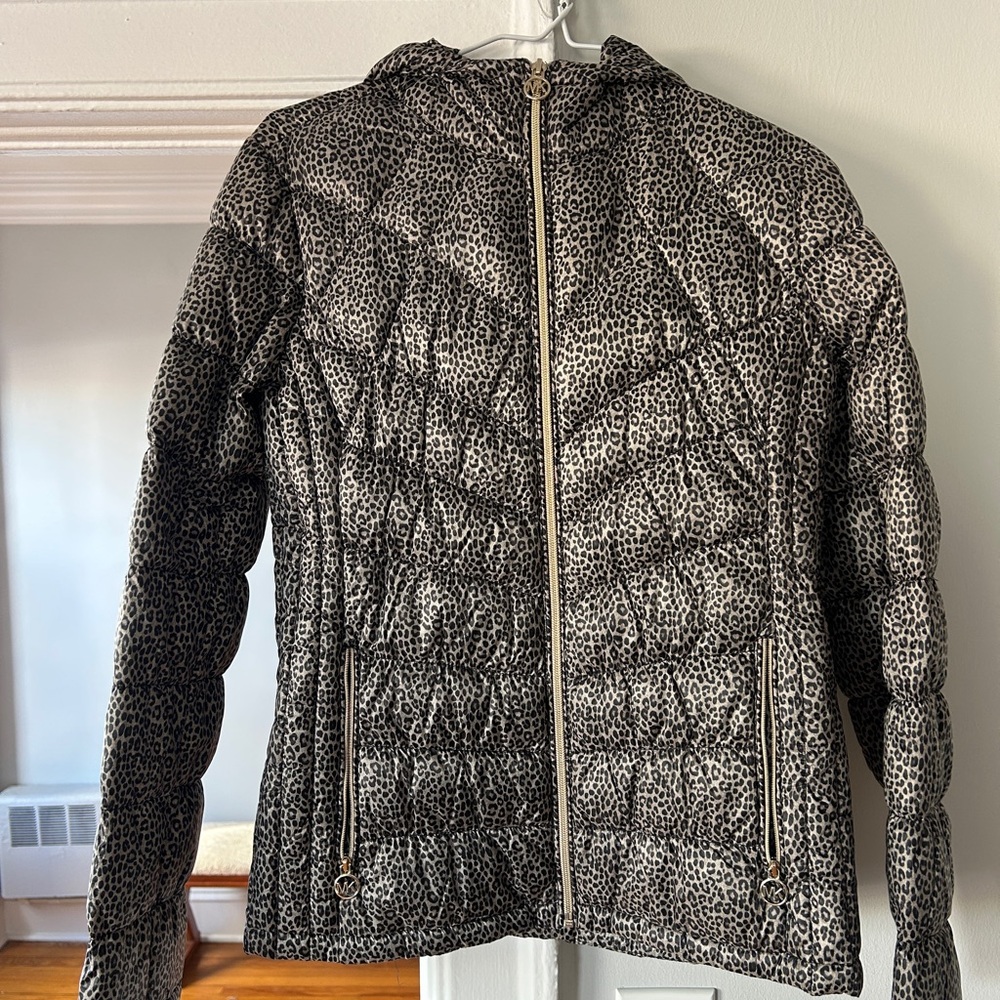 Michael Kors Black, Cream & Gold Leopard Print Packable Puffer Jacket | Size S